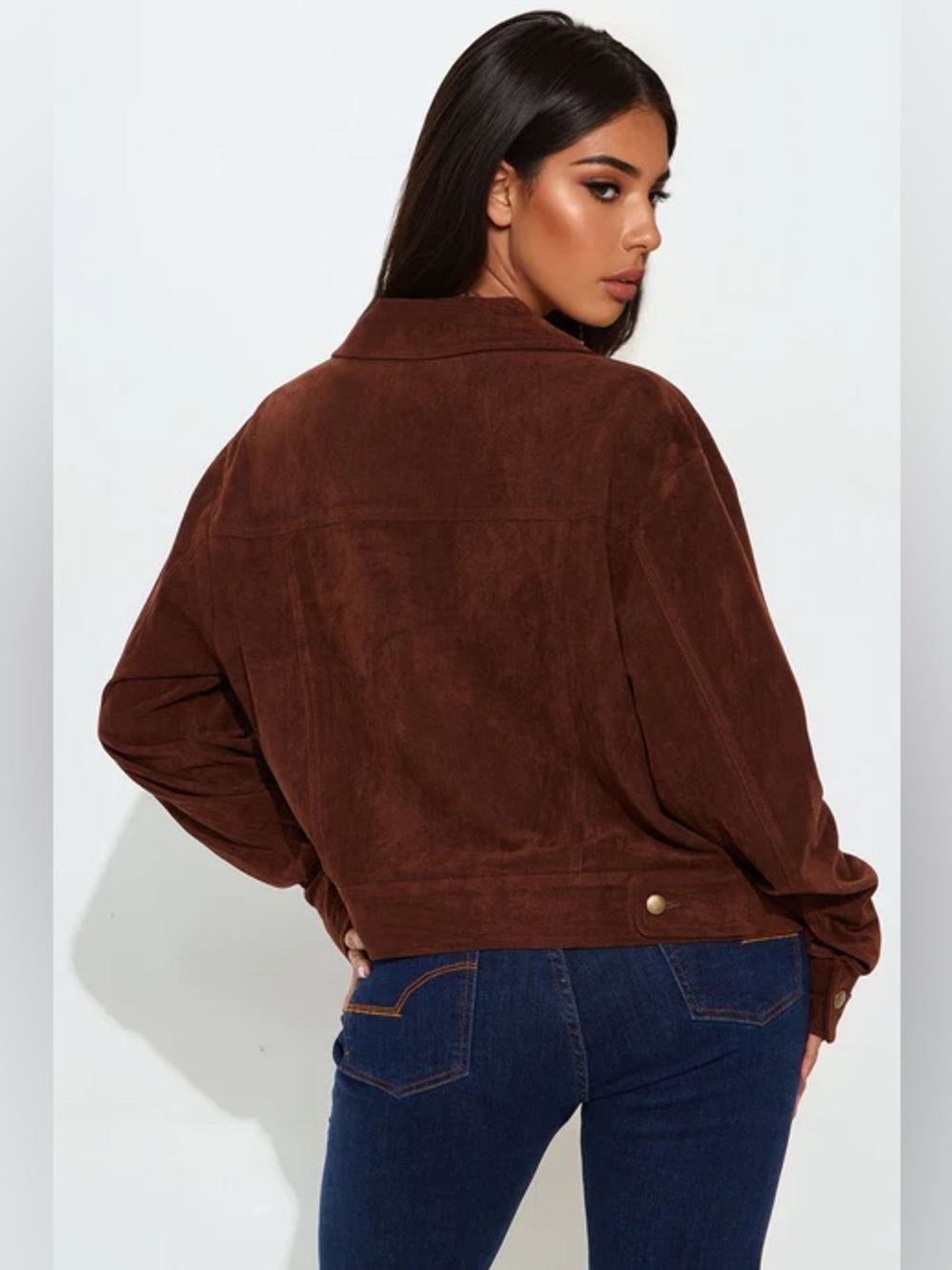 Raven Faux Suede Cropped Jacket - Brown - Picture 3 of 5